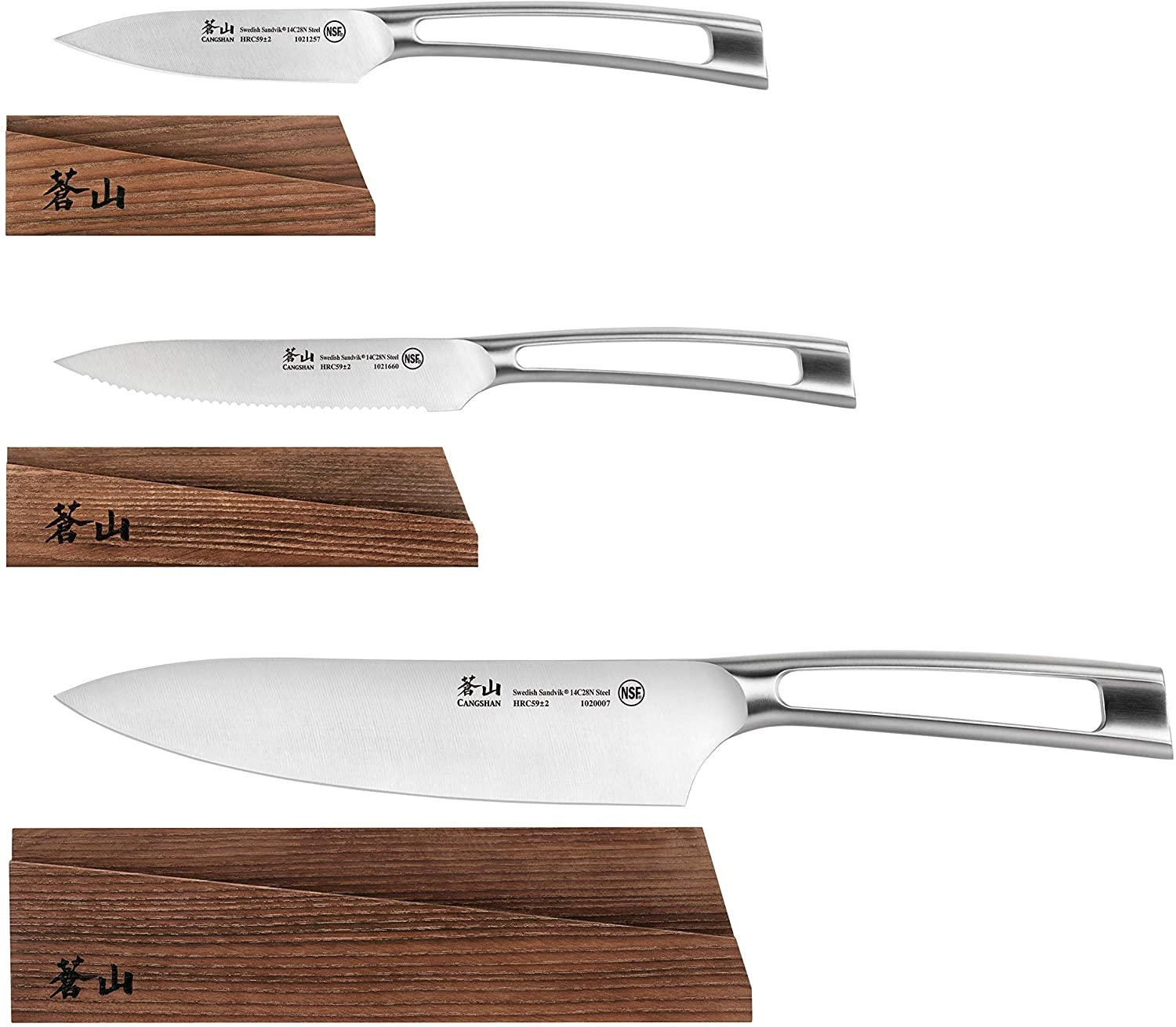 Cangshan TN1 Series 1021936 Swedish Sandvik 14C28N Steel Forged 3-Piece Starter Knife Set with Wood Sheaths