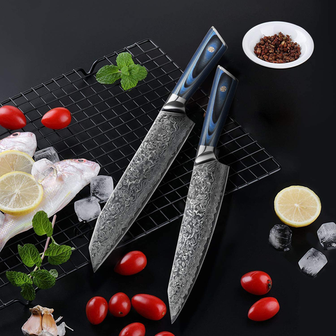 Image of Kitchen Damascus Knife Set- 9 Pcs Japanese Aus-10 Damascus Steel Chef Knives Set High Carbon Core Stainless Steel Full Tang Chef Knife Set Blue G10 Home Kitchen Professional Knife Block Set