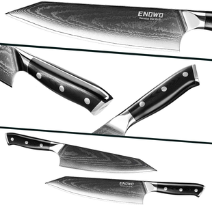 Enowo Damascus Chef Knife 8 Inch with Premium G10 Handle&Triple Rivet,Razor Sharp Kitchen Knife Japanese VG-10 Stainless Steel,Gift Box,Ergonomic,Superb Edge Retention, Stain & Corrosion Resistant