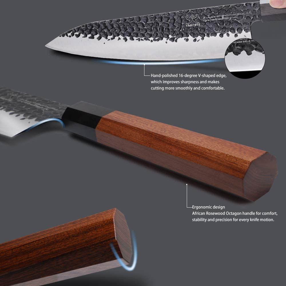 FAMCÜTE 8 Inch Japanese Chef Knife, 3 Layer 9CR18MOV Clad Steel W/Octagon Handle Gyuto Sushi Knife for Home Kitchen & Restaurant