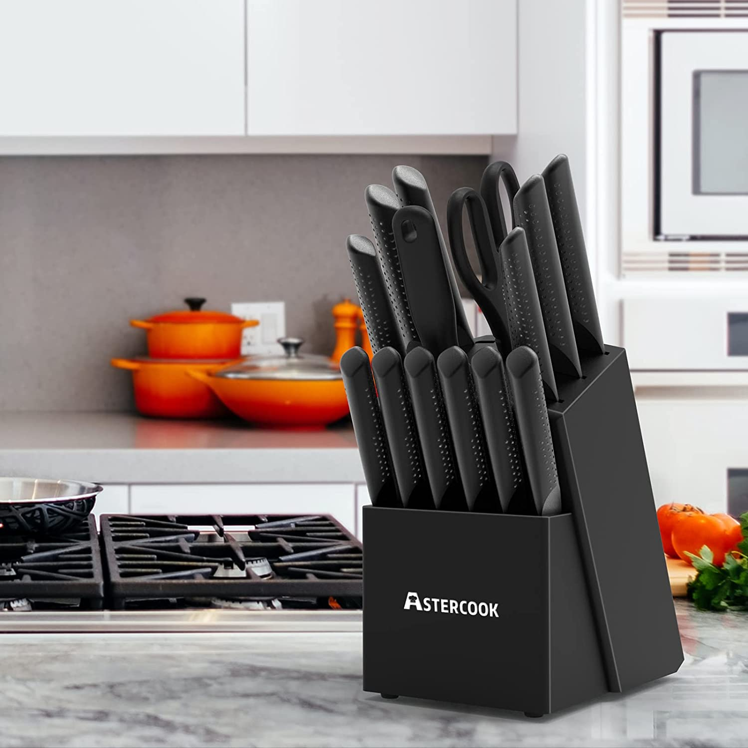 Knife Set, 15 Pieces Chef Knife Set with Block for Kitchen, German Stainless Steel Knife Block Set, Dishwasher Safe, Elegant Black