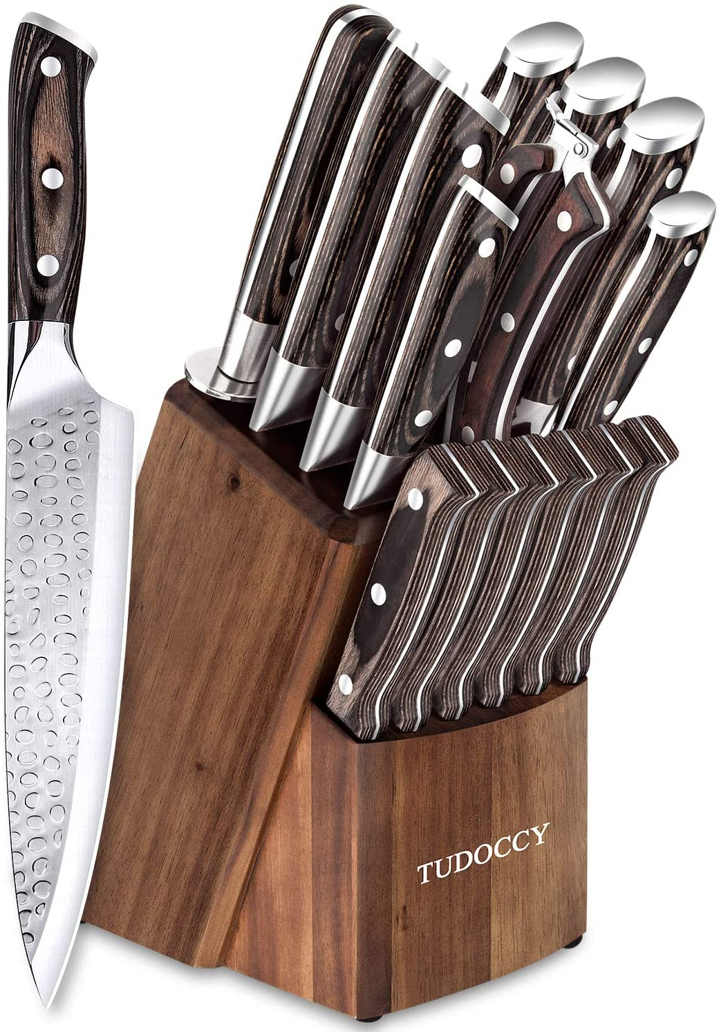 Kitchen Knife Set, 16-Piece Knife Set with Built-In Sharpener and Wooden Block, Precious Wengewood Handle for Chef Knife Set, German Stainless Steel Knife Block Set, Ultra Sharp Full Tang Forged