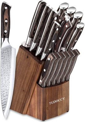 Kitchen Knife Set, 16-Piece Knife Set with Built-In Sharpener and Wooden Block, Precious Wengewood Handle for Chef Knife Set, German Stainless Steel Knife Block Set, Ultra Sharp Full Tang Forged