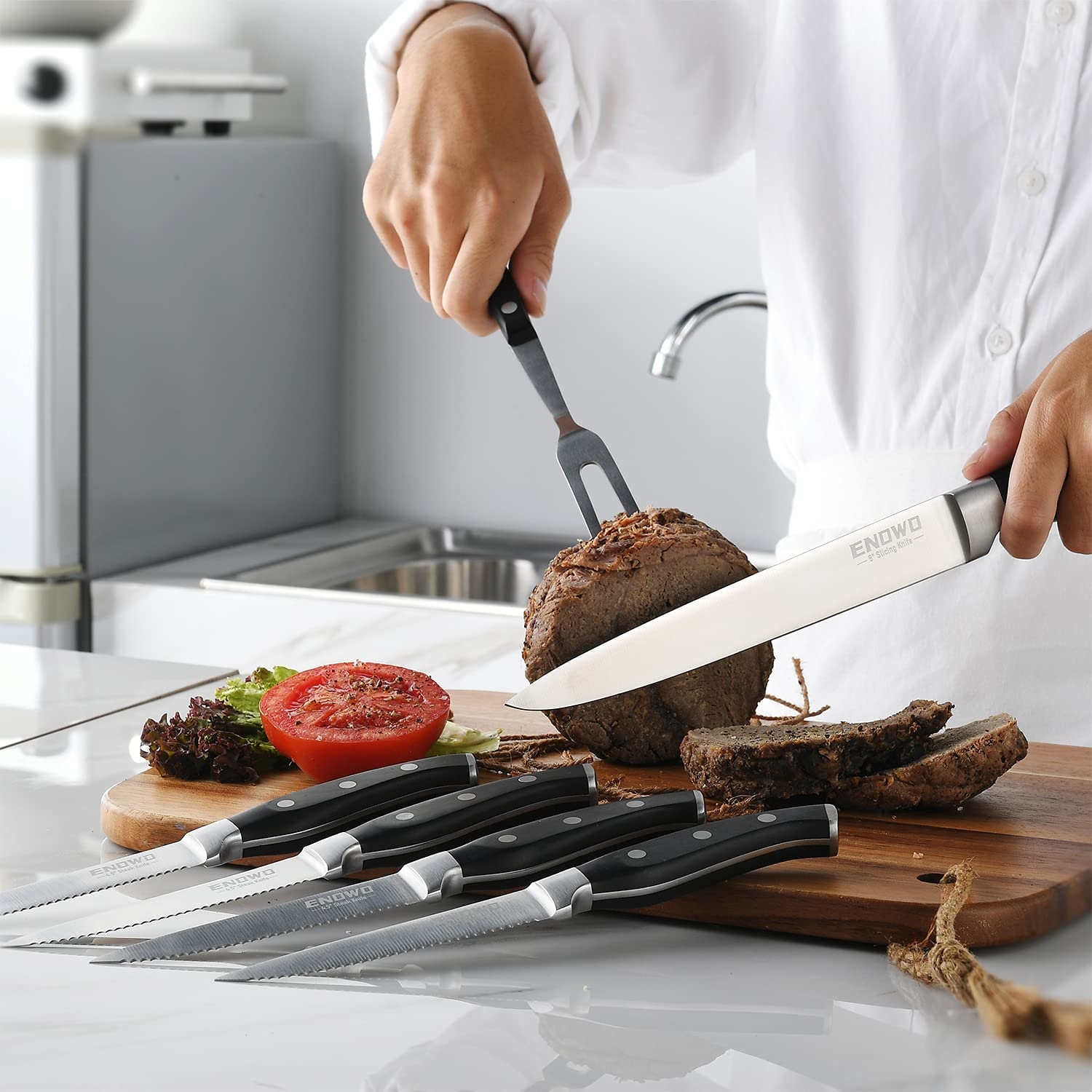 Enowo Steak Knife Set,4 Serrated Steak Knives Carving Knife Meat Fork Made from German Stainless Steel,Ultra-Sharp Rust Proof Full-Tang with Gift Box for Family Dinner,Picnic,Party,Special Holidays