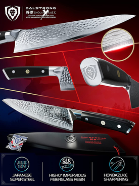 DALSTRONG Chef Knife - 8 Inch - Shogun Series - Damascus - Japanese AUS-10V Super Steel Kitchen Knife - Black Handle - Razor Sharp Knife - W/Sheath