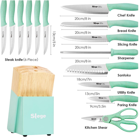 Image of Knife Set, 15-Piece Kitchen Knifes with Wooden Block, Professional Chef Knife Sets with Sharpener Scissors, Stainless Steel Sharp Knives for Home, Green Wheat Straw Handle, Light