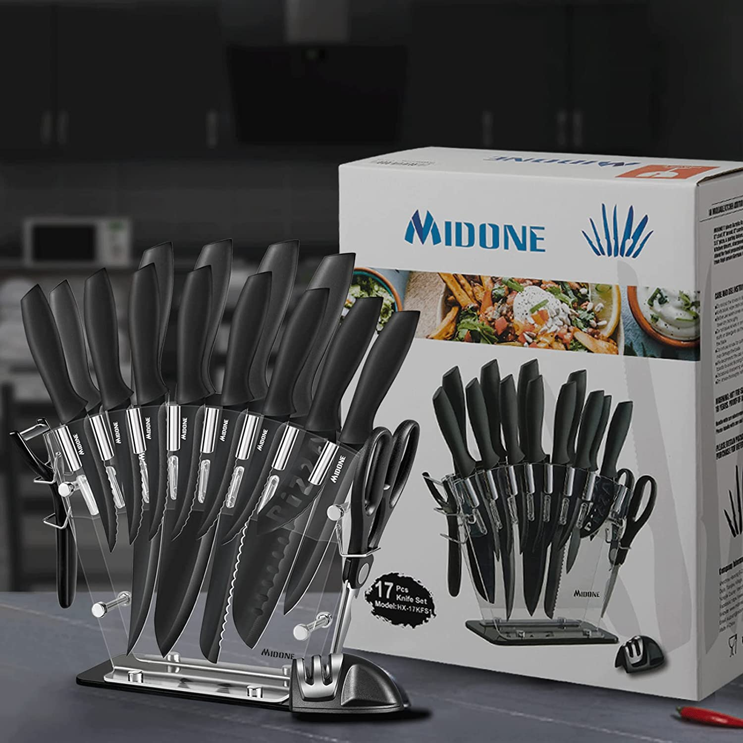 MIDONE Knife Set, 17 Pcs German High Carbon Stainless Steel Kitchen Knife Set - 7 Knives, 6 Serrated Steak Knives, Scissors, Peeler & Sharpener with Acrylic Stand, Black…