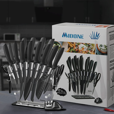 Image of MIDONE Knife Set, 17 Pcs German High Carbon Stainless Steel Kitchen Knife Set - 7 Knives, 6 Serrated Steak Knives, Scissors, Peeler & Sharpener with Acrylic Stand, Black…
