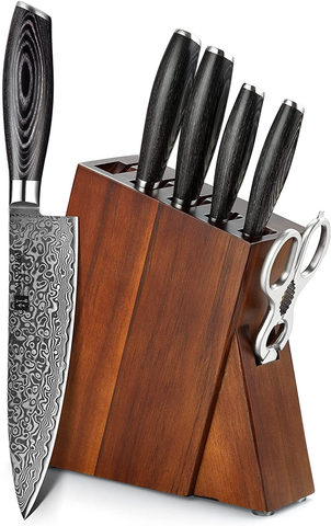 Image of XINZUO 7PC Damascus Steel Knife Block Sets, Professional High Carbon Steel Chef Knife Santoku Slicing Utility Fruit Knife with Multifunctional Kitchen Shears,Ergonomic Pakkawood Handle - Ya Series