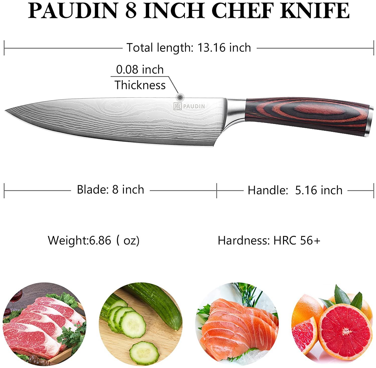 Chef Knife PAUDIN N1 8 Inch Kitchen Knife, German High Carbon Stainless Steel Sharp Knife, Professional Meat Knife with Ergonomic Handle and Gift Box for Family & Restaurant