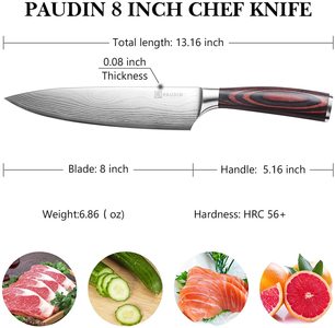 Chef Knife PAUDIN N1 8 Inch Kitchen Knife, German High Carbon Stainless Steel Sharp Knife, Professional Meat Knife with Ergonomic Handle and Gift Box for Family & Restaurant