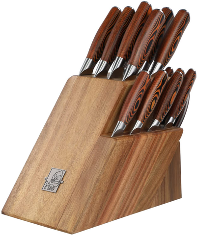 Image of TUO 17 PCS Kitchen Knives Set - Kitchen Block Set with Steak Knife - German X50Crmov15 Steel Blade - Full Tang Pakkawood Handle - Gift Box Included - Fiery Series
