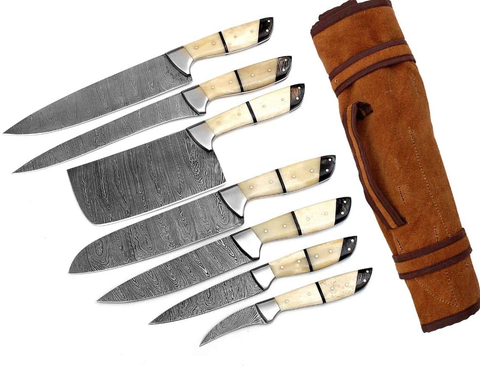 Image of G26- Professional Kitchen Knives Custom Made Damascus Steel 7 Pcs of Professional Utility Chef Kitchen Knife Set with Chopper / Cleaver White & Black Gladiatorsguild