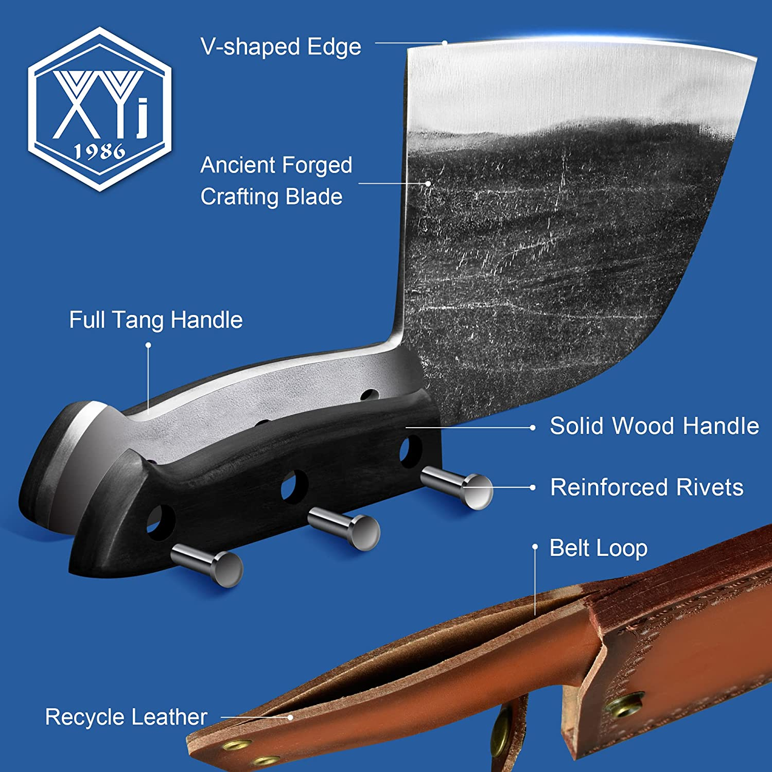 Authentic XYJ since 1986,Outstanding Ancient Forging,6.7 Inch Full Tang,Serbian Chefs Knife,Chef Meat Cleaver,Kitchen Knives,Set with Leather Sheath,Take Carrying,Butcher,For Camping or Outdoor