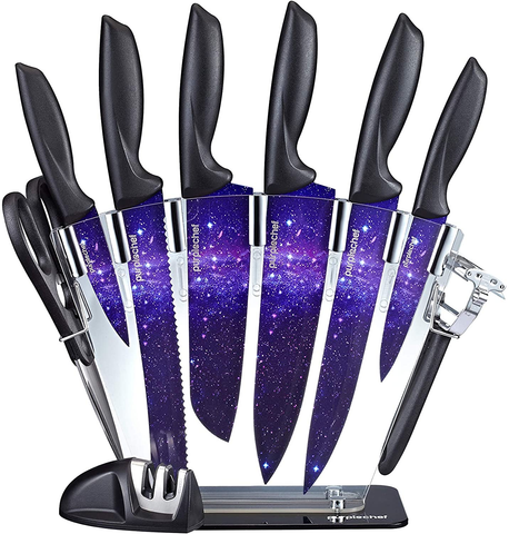 Image of Purplechef 10 Pieces Purple Galaxy Kitchen Knives Set. Includes 6 Stainless Steel Knives, Scissors, Knife Sharpener, Peeler, and Clear Acrylic Stand.
