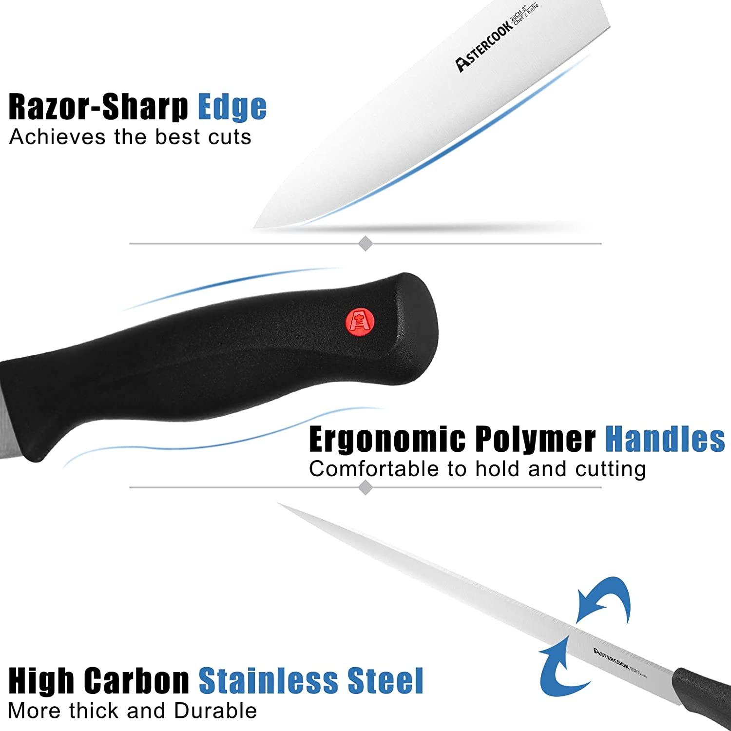 Astercook Knife Set with Built-In Sharpener Block, Dishwasher Safe Kitchen Knife Set with Block, 14 Pcs High Carbon Stainless Steel Block Knife Set with Self Sharpening and 6 Steak Knives, Black…