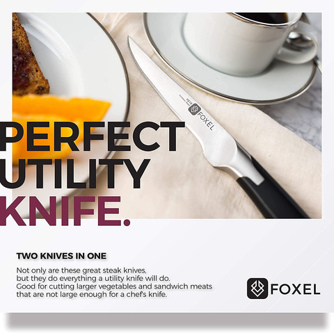 Image of Foxel Best Steak Knives Knife Set of 4, 8, or 12 - Non Serrated Straight Edge Blade Razor Sharp - Rust Resistant Japanese VG10 Steel - Gift Box Set - Hand Wash Only