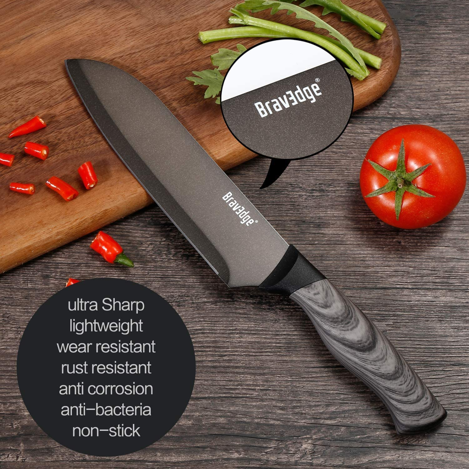 Bravedge Chef Knife 7'' Kitchen Knife, Professional Santoku Knife Cooking Knife, Ultra Sharp Stainless Steel Blade with Sheath, Ergonomic Handle Elegant Gift Box Great Gift Choice