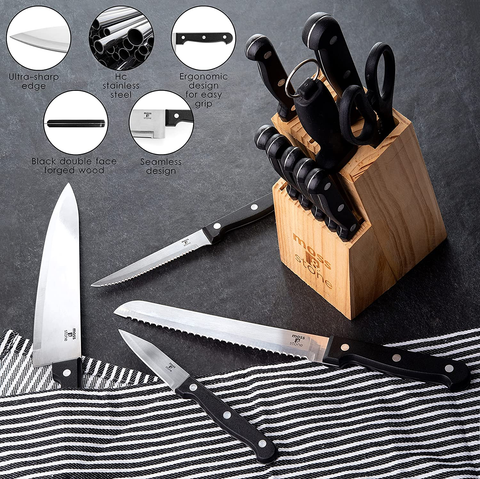 Image of Stainless Steel Serrated Knife Set | Kitchen Knives Set with High-Carbon Stainless Steel Blades and Wooden Block Set | Cutlery Knife Set , Kitchen Set by Moss & Stone. (14 Piece)