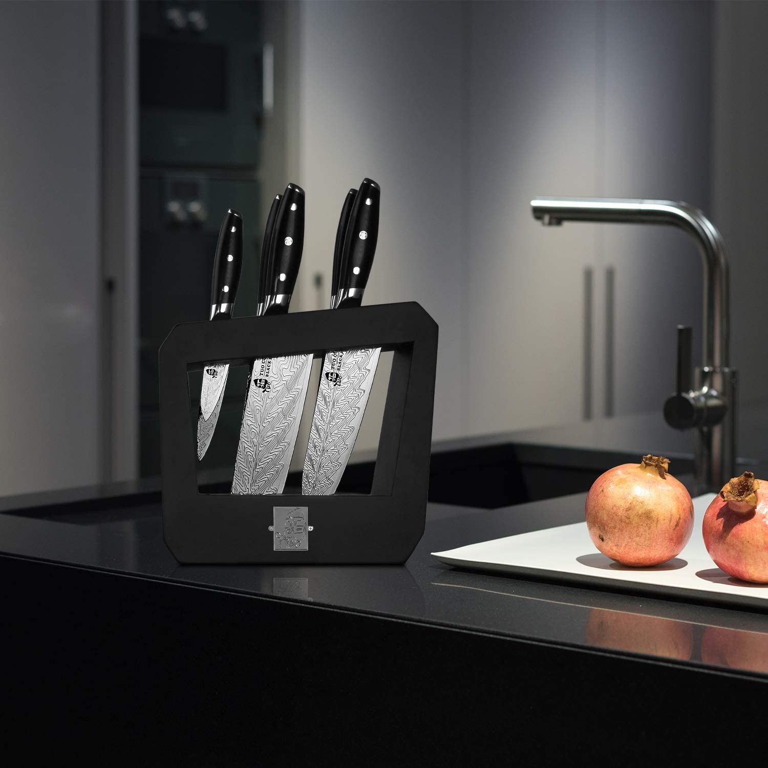 TUO Knife Set - Kitchen Knife Set with Wooden Block 7 Pieces - G10 Full Tang Ergonomic Handle - BLACK HAWK S SERIES with Gift Box