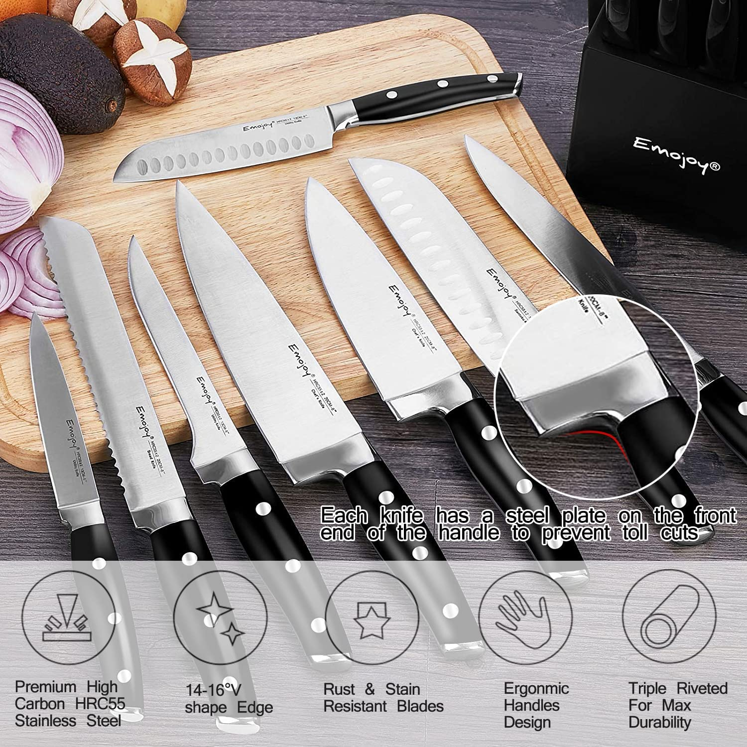 Knife Set with Block, 22 Pcs Kitchen Knife Set with Sharpener Black, German Stainless Steel Knives Set with Carving Fork Steak Knives, High Carbon Full Tang Knives Set