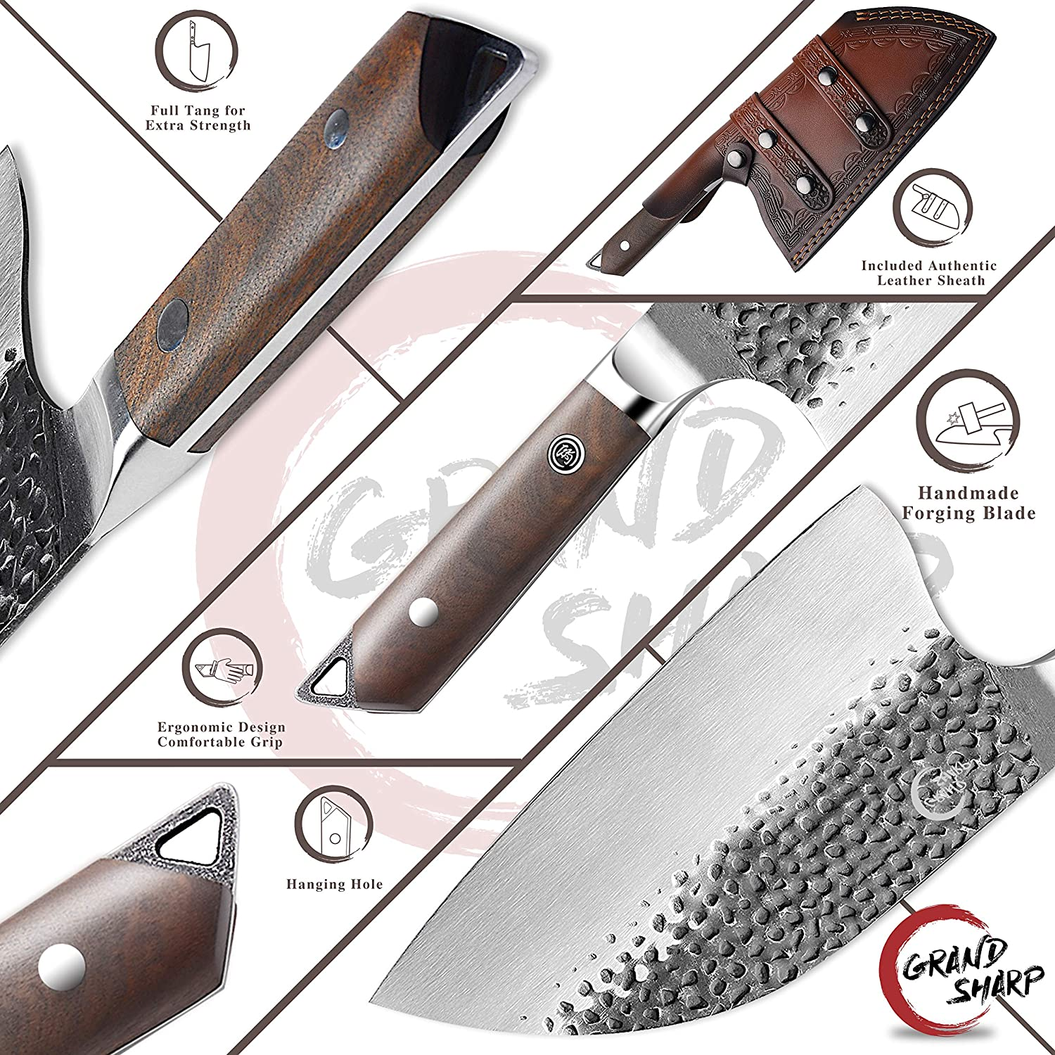 [Full Tang]Butcher Knife Handmade Forged Kitchen 8” Chef Knife Grandsharp Pro Razor Sharp Serbian Clad High Carbon Steel Vegetable Chopping Cutting Meat Cleaver with Leather Sheath-Ebony Wood Handle