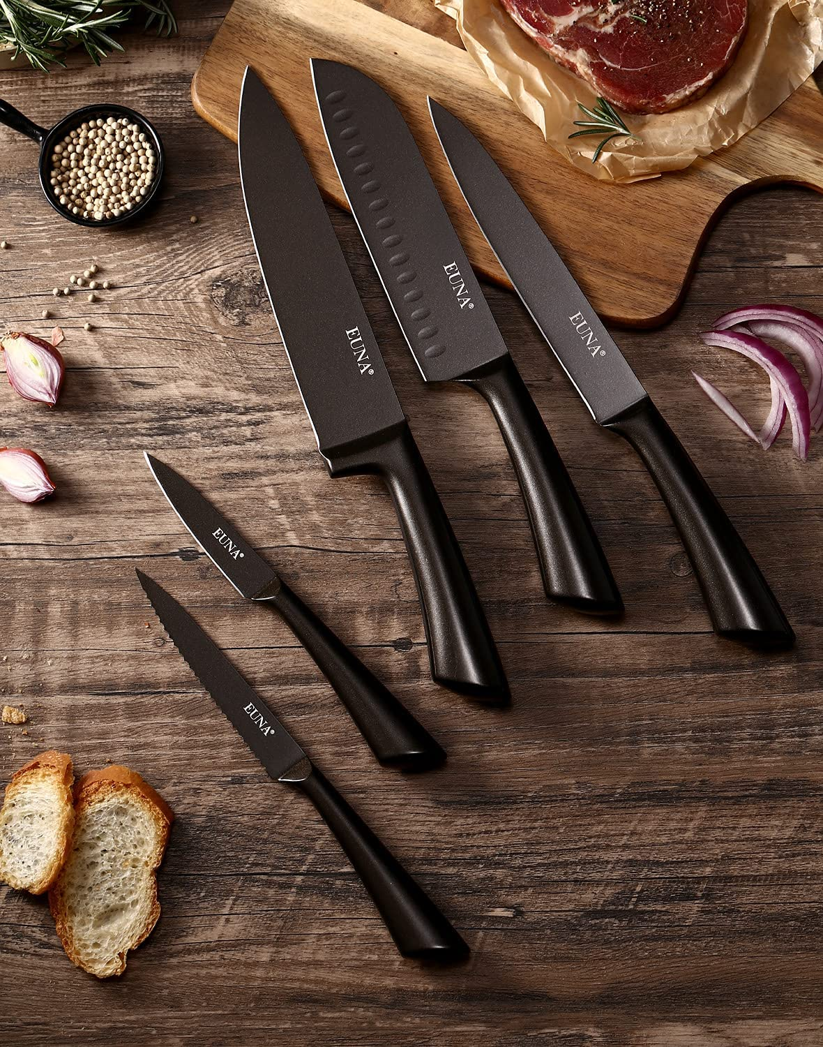 EUNA 5 PCS Kitchen Knife Boxed Set Ultra Sharp Japanese Knives with Sheaths and Gift Box Chefs Knives Set for Professional Multipurpose Cooking with PP Ergonomic Handle (Black-Brown)