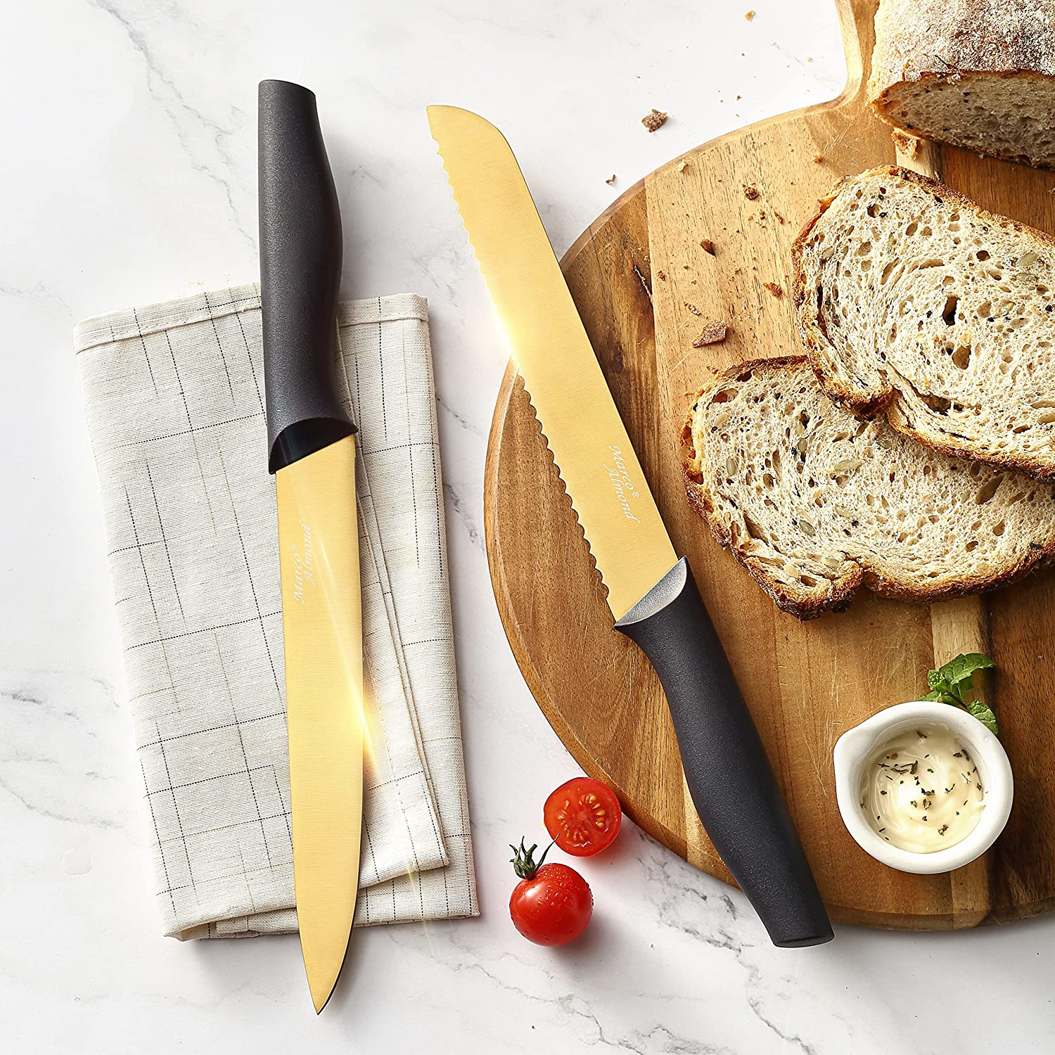 Marco Almond Golden Titanium Knife Set with Acrylic Stand, Kitchen Knives Set with Block, Scissor,Santoku Knife,6 Golden Steak Knives Cutlery Gold Knife Set,14Piece Set,Black Handle