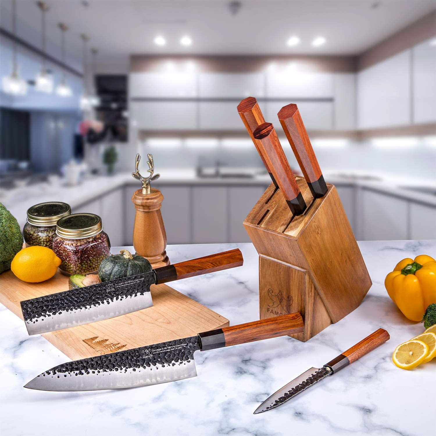 FAMCÜTE Japanese Chef Knife Set, 3 Layer 9CR18MOV Clad Steel W/Octagon Handle and Block Wooden Holder for 4Piece Kitchen Knife Set (8” Gyuto Knife, 7” Nakiri Knife, 7” Santoku Knife, 5” Utility Knife)
