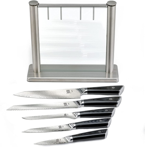 Image of Mercer Culinary Premium Grade Super Steel 6-Piece Knife Set with Glass Block Stand, G10 Handles