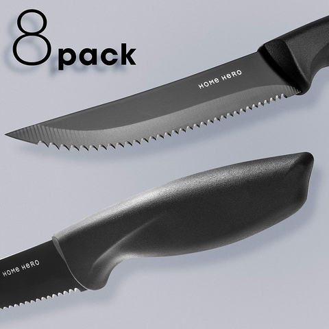 Image of Home Hero 8 Pcs Stainless Steel Steak Knife Set - Serrated Steak Knives Set - Dishwasher Safe - (Black, Stainless Steel)