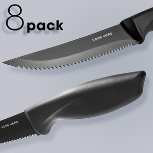 Home Hero 8 Pcs Stainless Steel Steak Knife Set - Serrated Steak Knives Set - Dishwasher Safe - (Black, Stainless Steel)