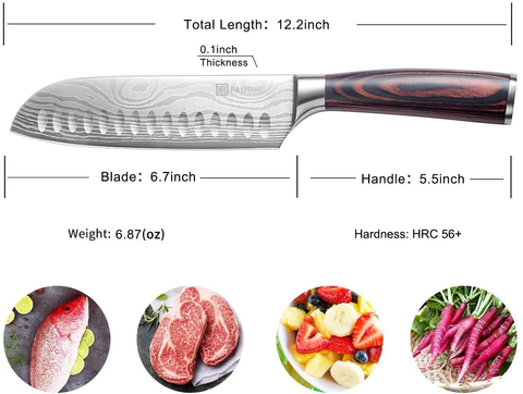 Image of Santoku Knife - PAUDIN N5 7" Kitchen Knife, High Carbon Stainless Steel Chef Knife, Super Sharp Multifunctional Chopping Knife for Meat Vegetable Fruit with Pakkawood Handle and Gift Box
