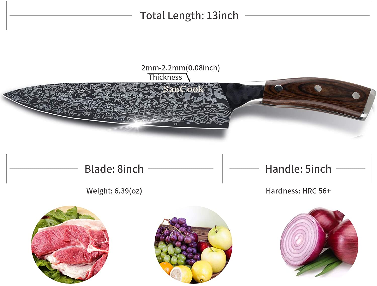 Sancook Chef Knife 8 Inch Kitchen Knife Sharp Professional Knife ,Chefs Knife Chopping Knife German High Carbon Stainless Steel 4116 Knives with Ergonomic Handle-Chef Gifts for Men Damascus Pattern