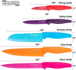 MICHELANGELO Kitchen Knife Set 10 Piece, High Carbon Stainless Steel Kitchen Knives Set, Knife Set for Kitchen, Rainbow Knife Set, Colorful Knife Set- 5 Knives & 5 Knife Sheath Covers