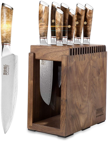 Image of Knife Set Block - 8 Piece Chefs Knife Set - Damascus Steel VG10 Japanese Stainless Steel Home Kitchen Knife Set with Shadow Wood Handle&Unviersal Walnut Block