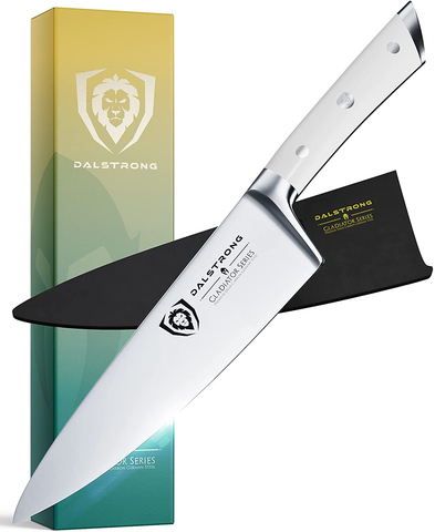 Image of DALSTRONG Chef Knife - 8 Inch - Gladiator Series - Forged High Carbon German Steel - Razor Sharp Kitchen Knife - Full Tang - Glacial White ABS Handle - Sheath Included - NSF Certified