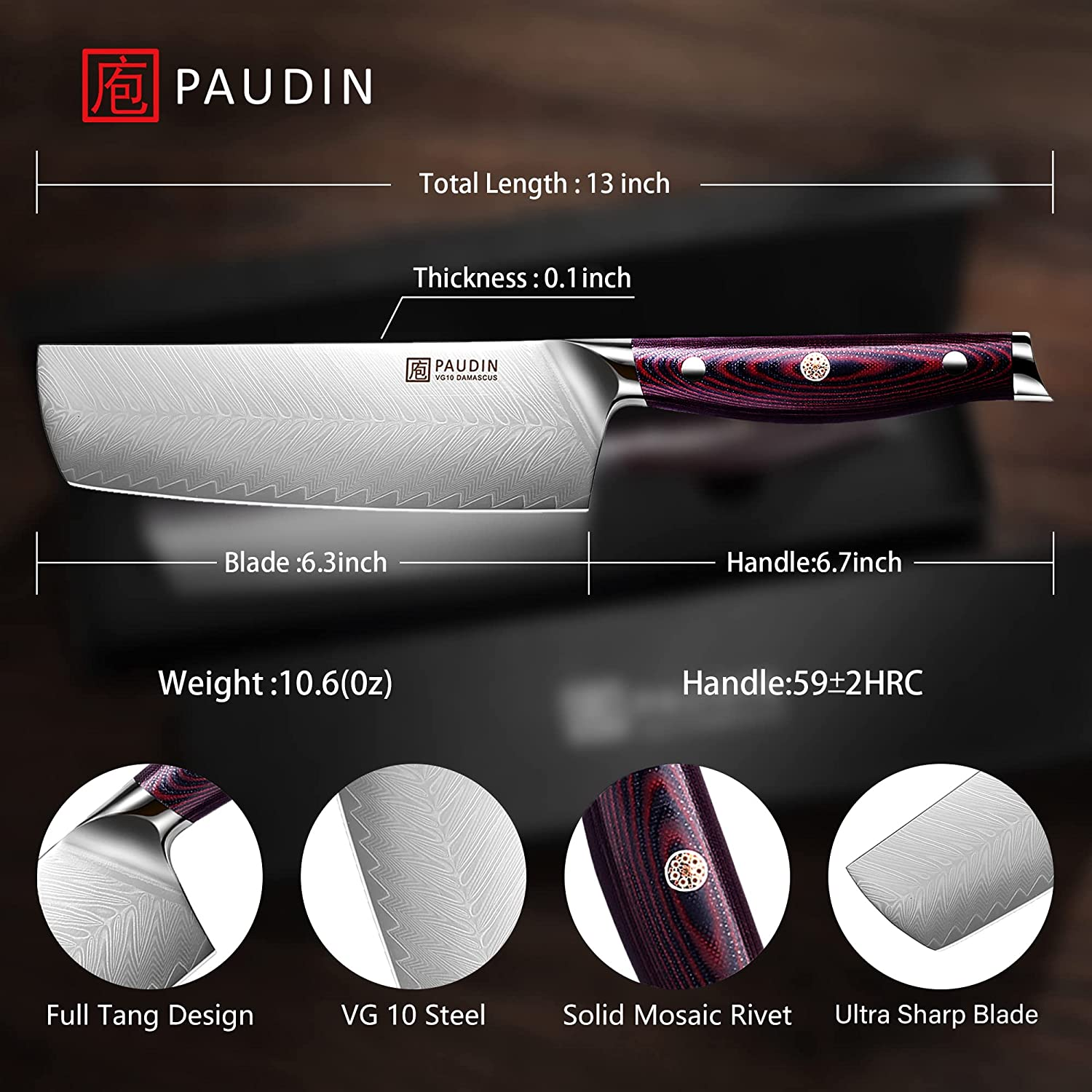 PAUDIN Damascus Nakiri Knife - 7 Inch Ultra Sharp VG10 Vegetable Knife, Beautiful Plume Pattern Kitchen Knife with Ergonomic G10 Handle, Superb Edge Retention
