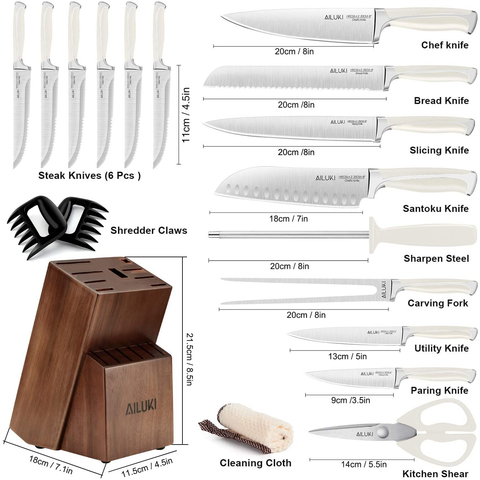 Image of Knife Set,18 Piece Kitchen Knife Set with Block Wooden and Sharpener, Professional High Carbon German Stainless Steel Chef Knife Set, Ultra Sharp Full Tang Forged White Knives Set