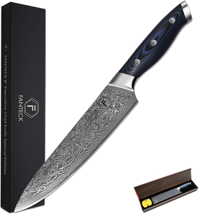 [8-Inch]Chef Knife FANTECK Professional Damascus Chef Knife High Carbon Ultra Sharp VG-10 Damascus Stainless Steel 67 Layers Kitchen Meat Cutting Gyuto Chef Knife [Gift Box]- Ergonomic Blue G10 Handle