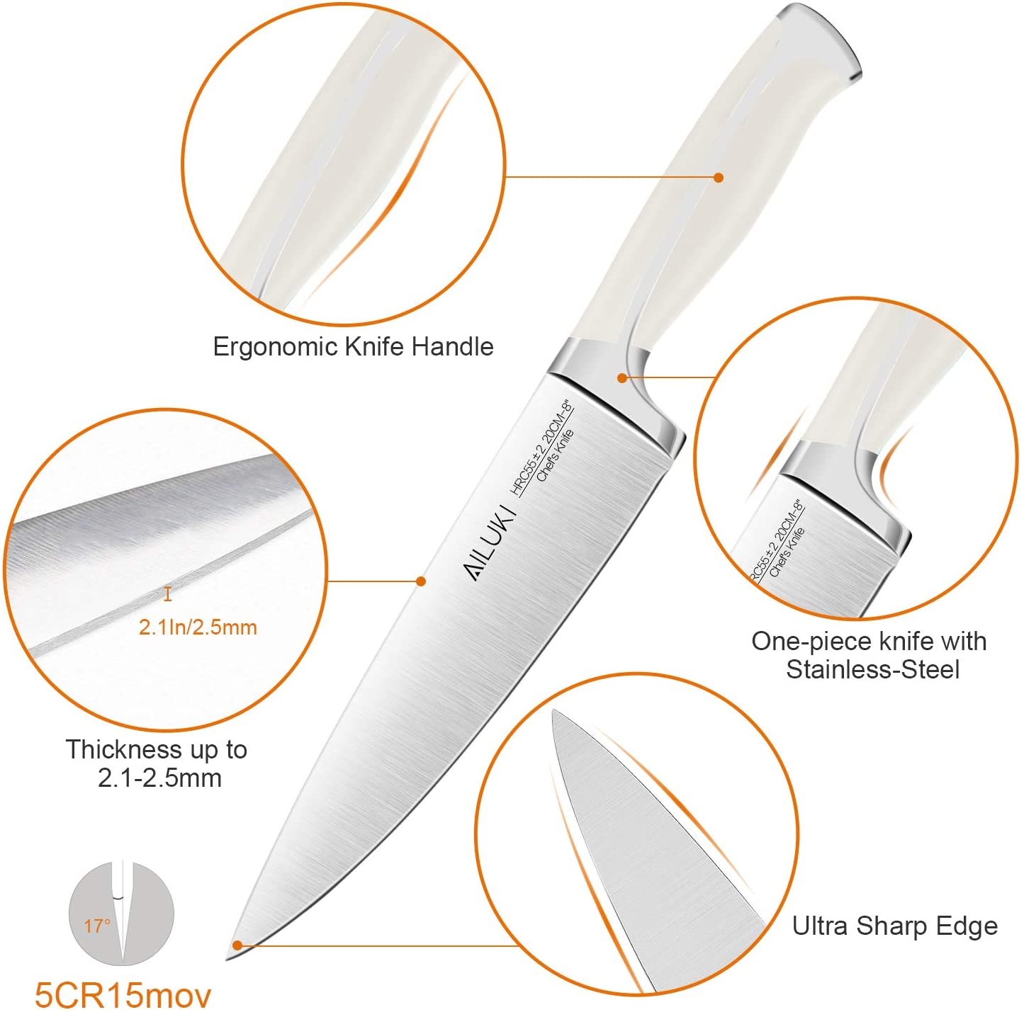 Knife Set,18 Piece Kitchen Knife Set with Block Wooden and Sharpener, Professional High Carbon German Stainless Steel Chef Knife Set, Ultra Sharp Full Tang Forged White Knives Set