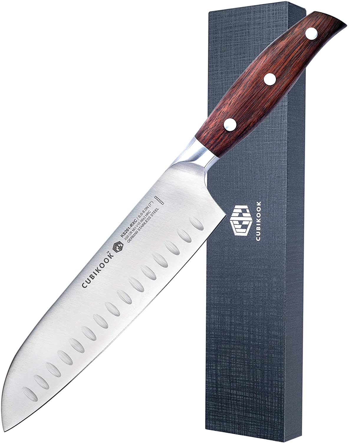 Cubikook Forged Santoku Knife 7 Inch, German High Carbon Stainless Steel Blade, Full Tang, Rosewood Handle, Magnet Luxury Box
