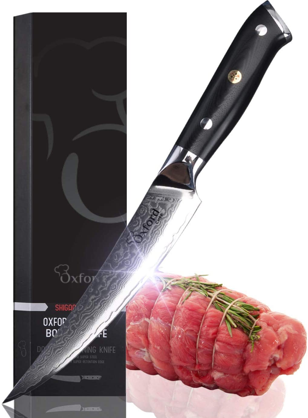 Boning (Fillet) Knife 6.5 Inch by Oxford Chef - Best Damascus- Japanese- VG10 Super Steel 67 Layer High Carbon Stainless Steel-Razor Sharp, Stain & Corrosion Resistant, Awesome Edge Retention