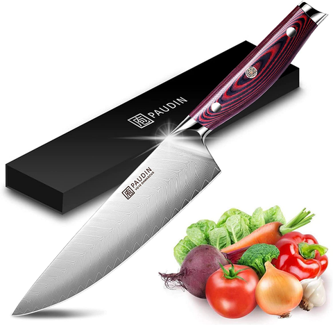 Image of PAUDIN Damascus Chef Knife, 8 Inch Professional High Carbon VG10 Stainless Steel Kitchen Knife, Ultra Sharp Blade Kitchen Knives with Full Tang Ergonomic G10 Handle for Home Kitchen and Restaurant