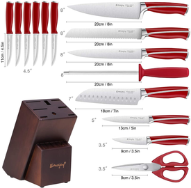Knife Set, Emojoy 15 Piece Kitchen Knife Set with Block Wooden, German Stainless Steel Sharp Chef Knife Set with Sharpener, Dishwasher Safe and Rust Proof, Red, Black, Blue