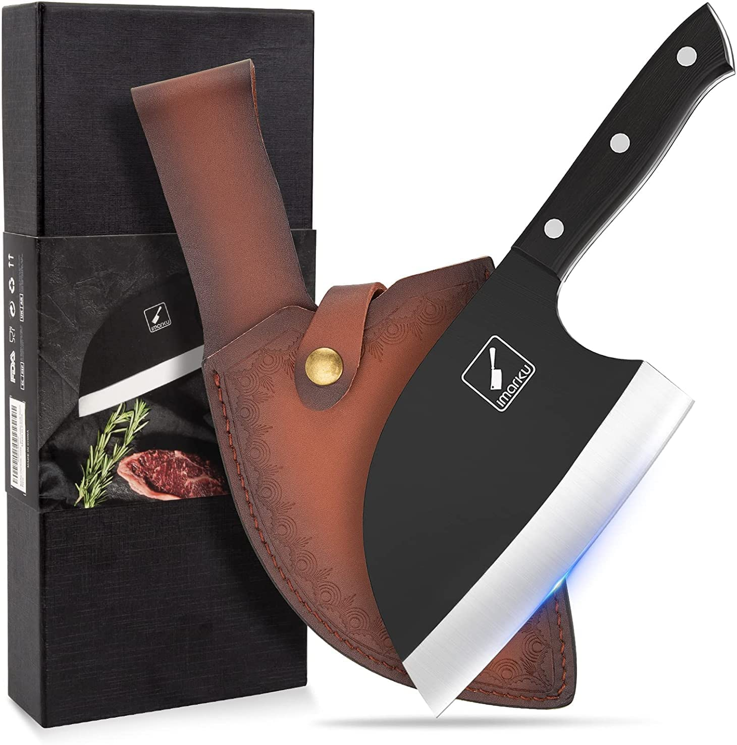 Butcher Knife - Imarku 7 Inch Sharp Meat Cleaver Hand Forged Serbian Chefs Knife with Leather Sheath High Carbon Steel Cleaver Knife for Kitchen, Camping, BBQ - Perfect Birthday Gifts for Men
