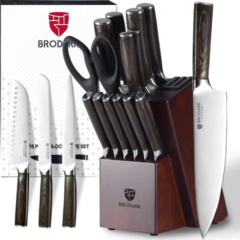 Image of BRODARK Kitchen Knife Set with Block, Ultra Sharp 15 PCS German Stainless Steel Professional Chef Knife Set with 2 Stage Knife Sharpener, Ergonomic Handle Full Tang Forged Gift with Premium Box