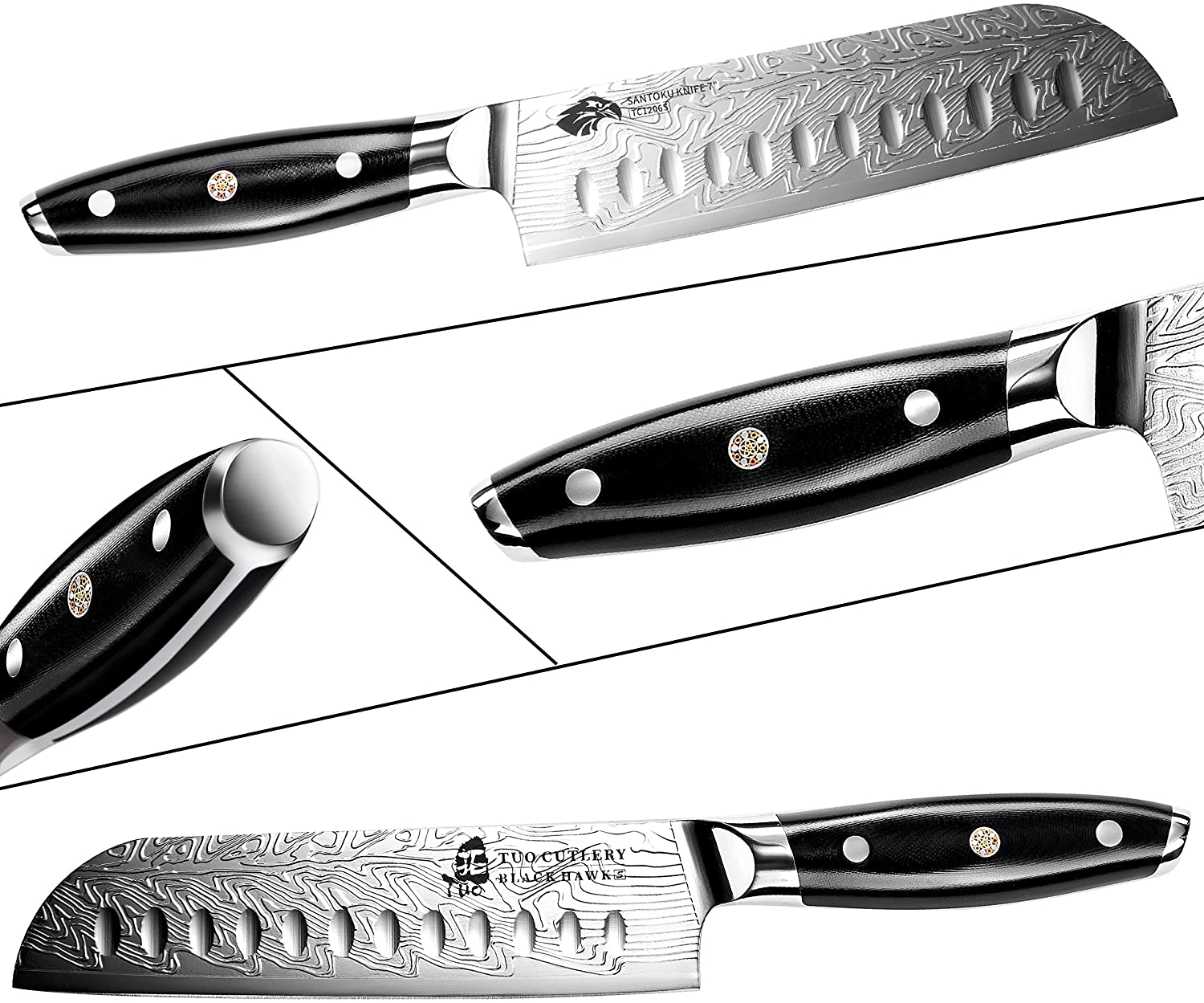 TUO Santoku Knife - Japanese Chef Knife 7-Inch High Carbon Stainless Steel - Kitchen Knives with G10 Full Tang Handle - Black Hawk-S Knives Including Gift Box