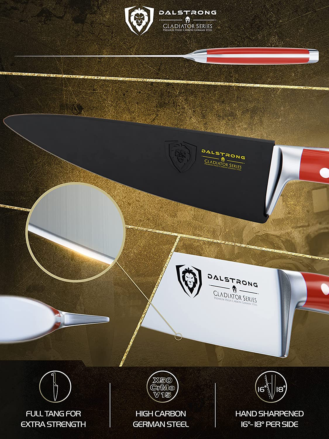 DALSTRONG Chef Knife - 8 Inch - Gladiator Series - Forged High Carbon German Steel - Razor Sharp Kitchen Knife - Full Tang - Crimson Red ABS Handle - Sheath Included - NSF Certified