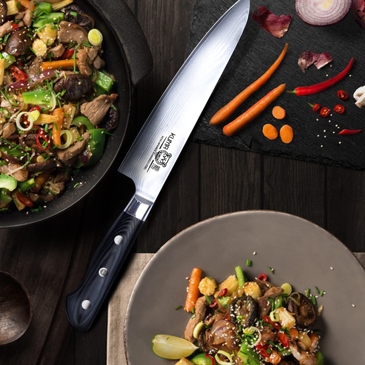 KUMA Professional Damascus Knife - 8 Inch Japanese Chef Knife, AUS10 Core - Corrosion and Stain Resistant - G10 Handle & Sheath Made of Hardened Carbon Steel